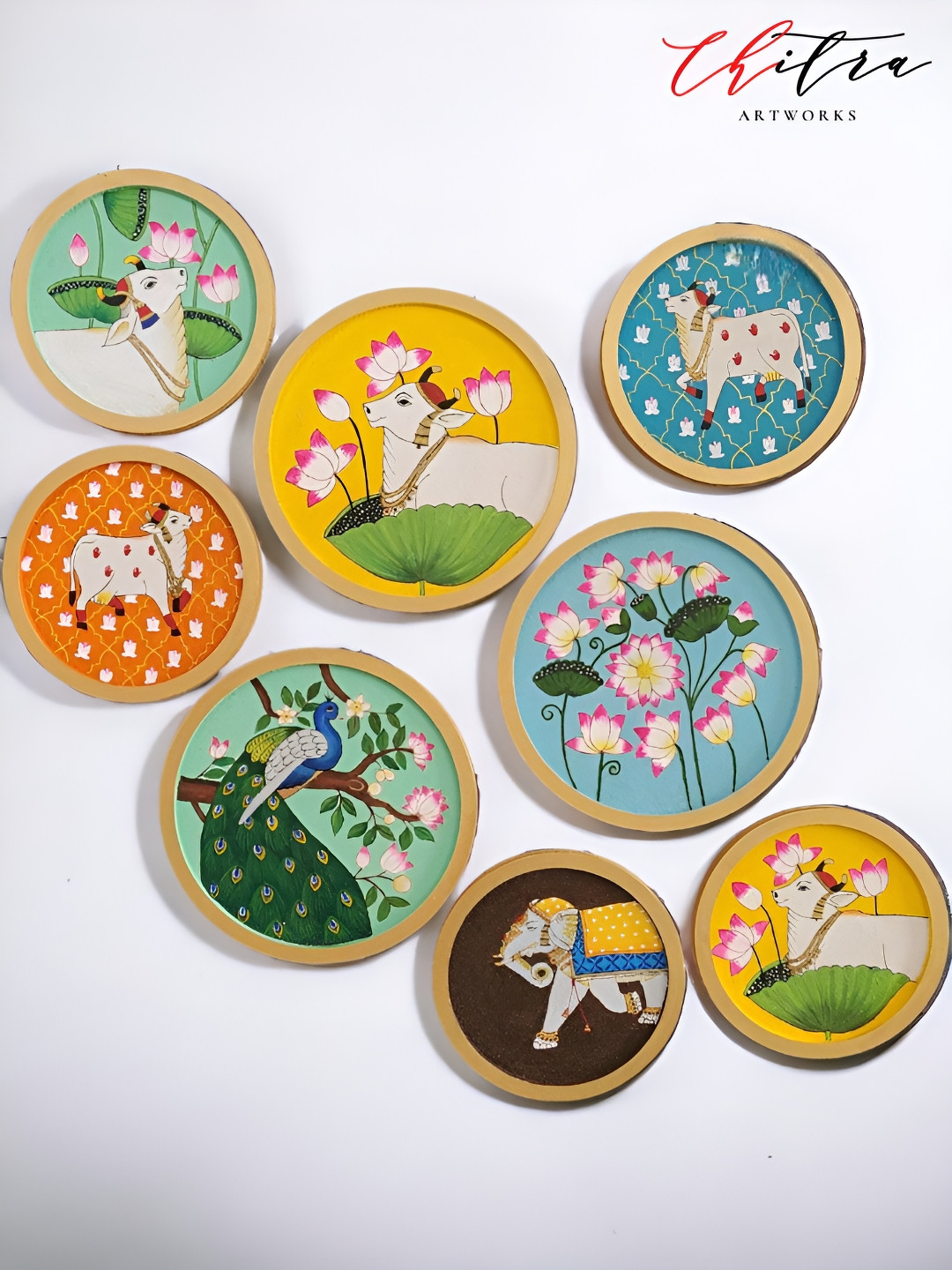 Chitra Artworks Pichhwai Wood Floral Glossy Hanging Hall Wall Plates-40.2In