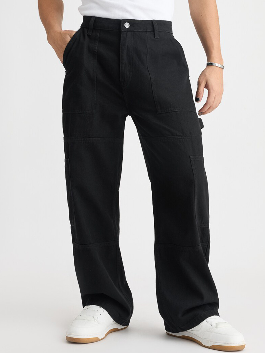 FREAKINS Black Men Mid-Rise Clean Look Cargo Jeans