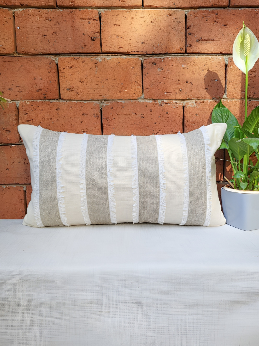 ZEBA Off White Striped Polycotton Washable Textured Rectangle Cushion Cover - 12x22In