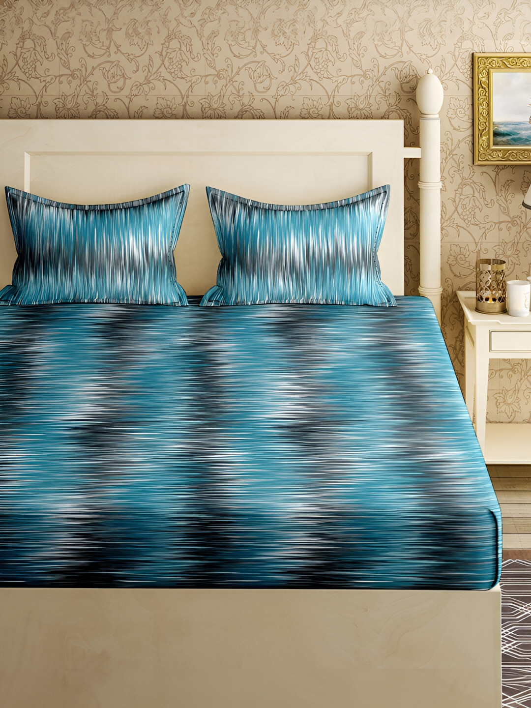 Aura Radiant Collection Blue Abstract Pure Cotton 150 TC Double Bedsheet with 2 Pillow Covers-87 x 91 inches