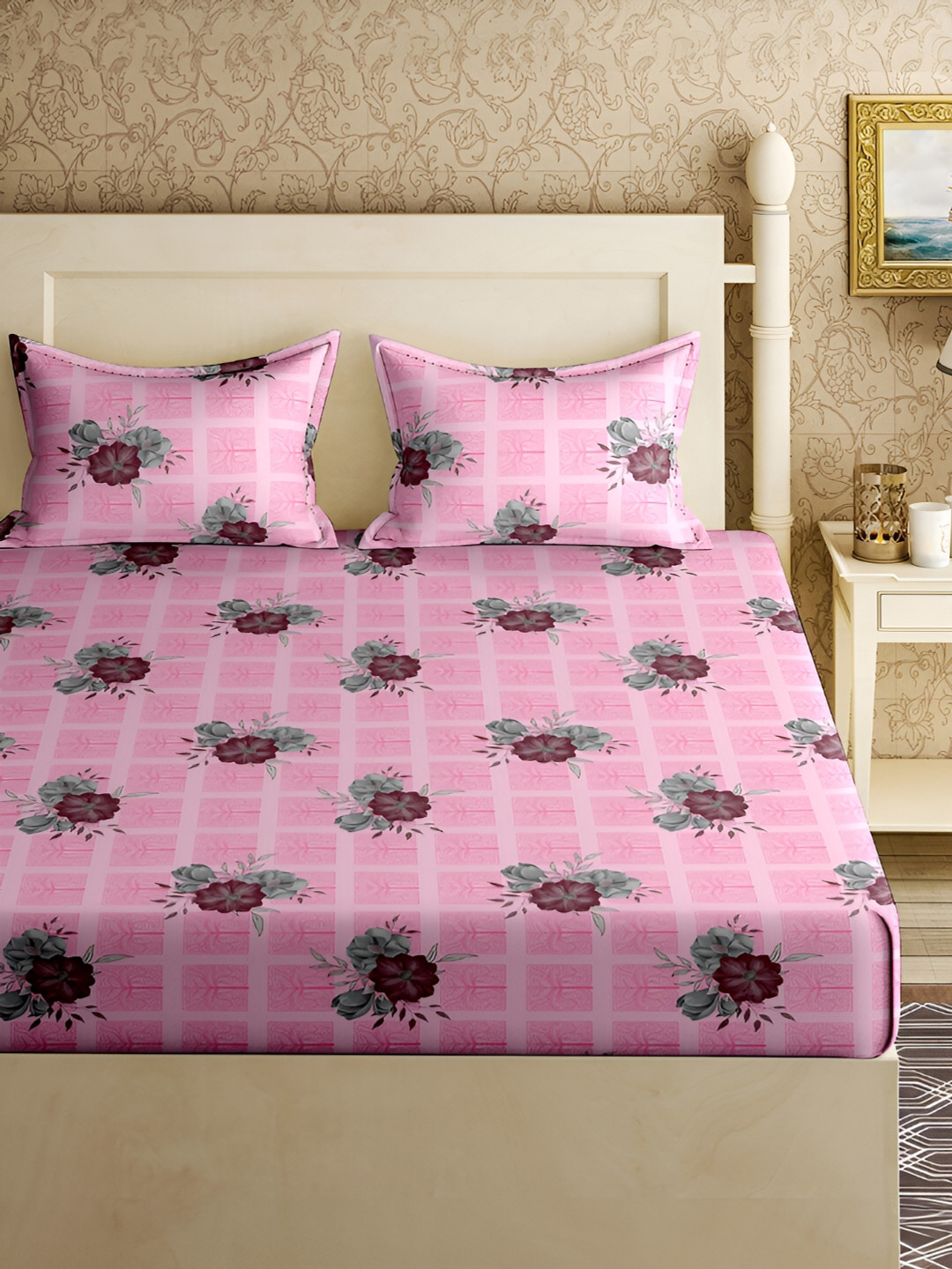 Aura Pink Floral Pure Cotton 150 TC Queen Bedsheet with 2 Pillow Covers-87 x 91 inches