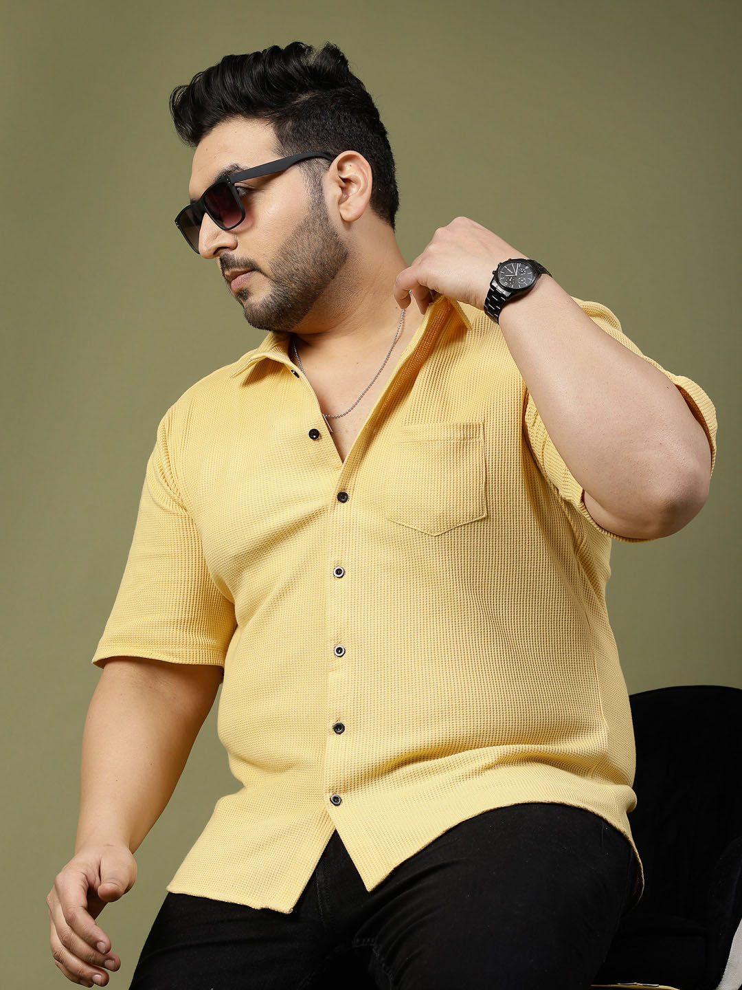 Rigo Plus Size Waffle Knit Self Design Casual Shirt