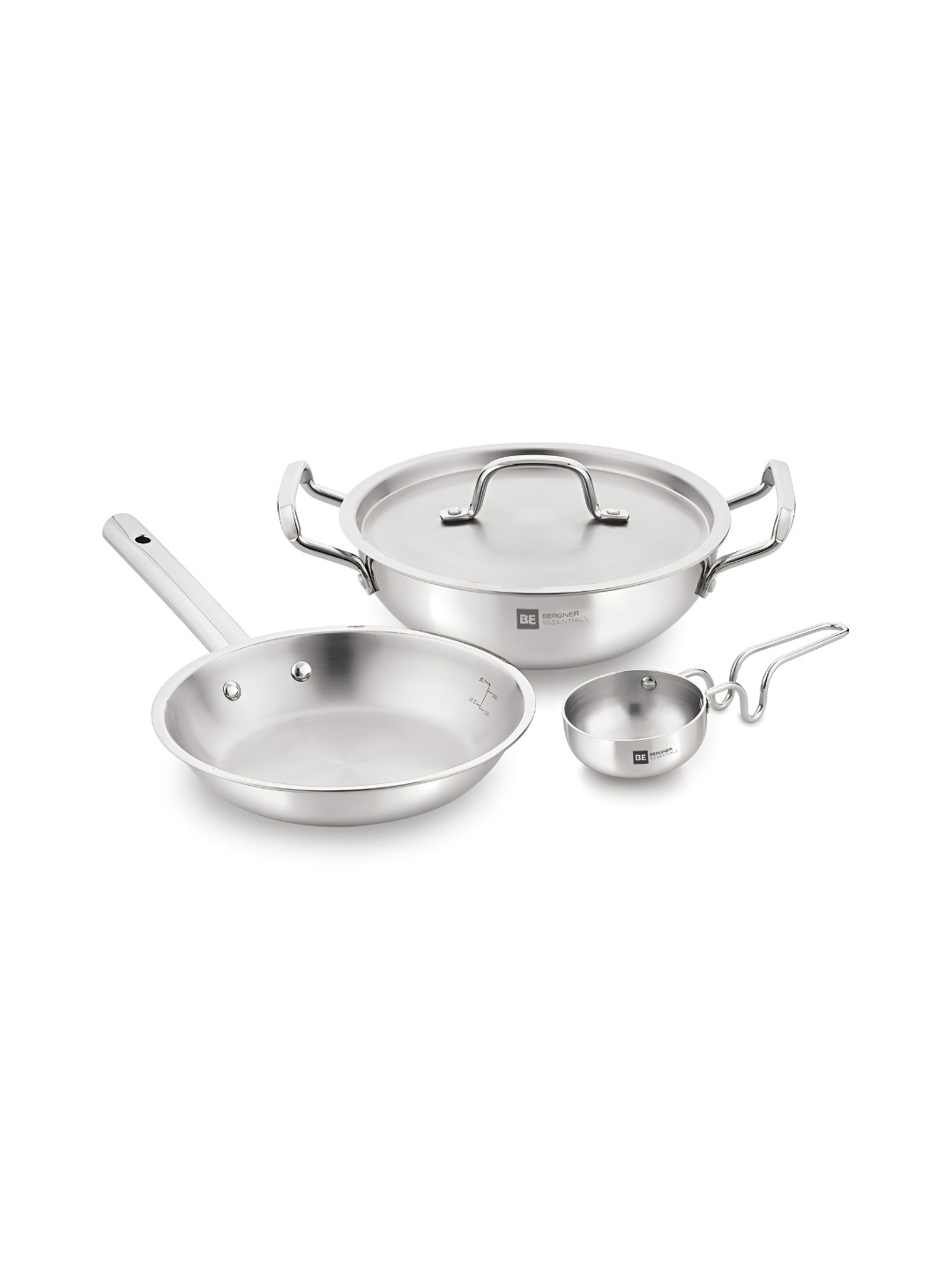 BERGNER BE Essential TriPly Set Kadai 2L Frypan 1.1L Tadka Pan 1 Lid