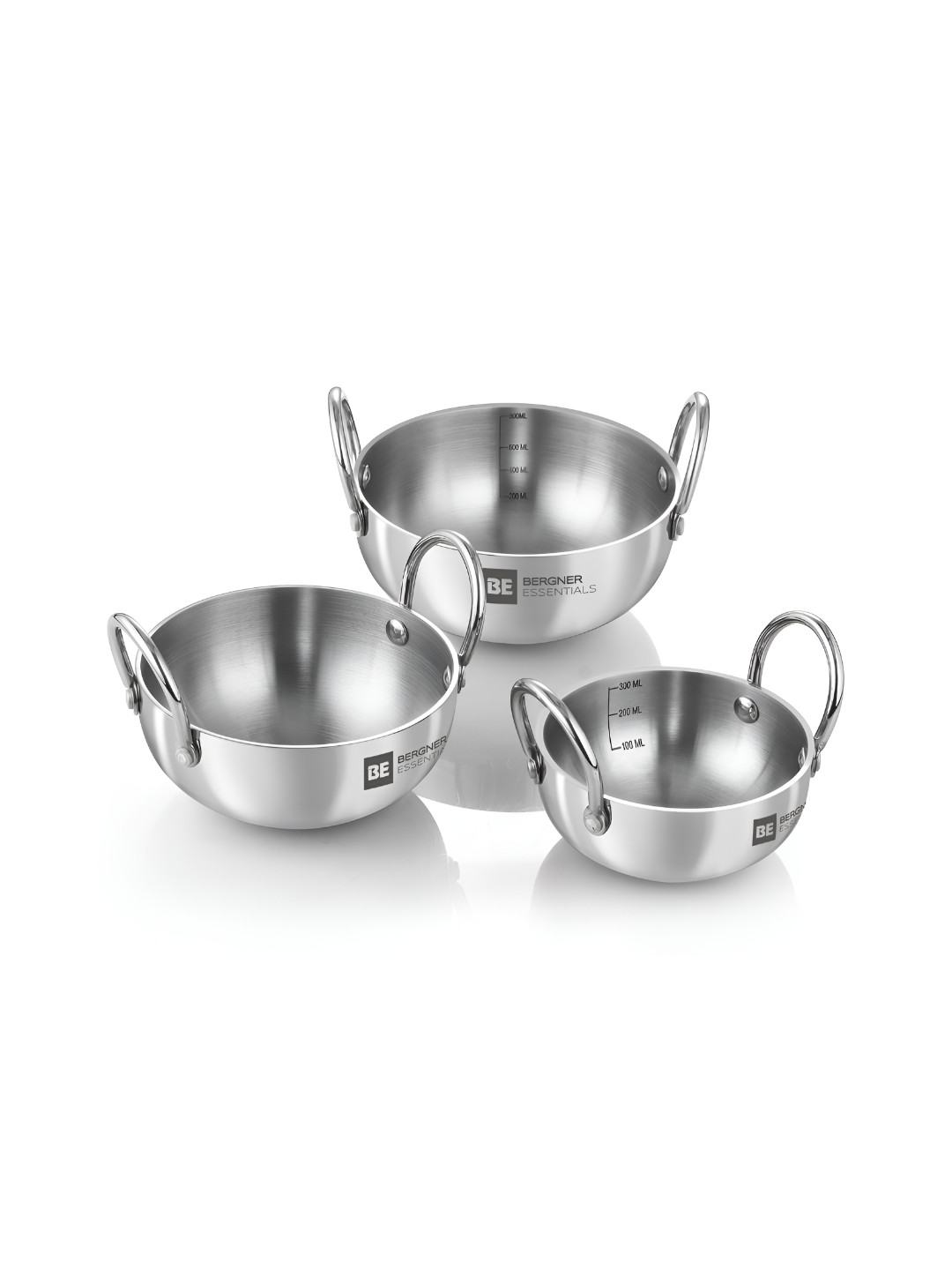 BERGNER BE Set Of 3 Essential TriPly Stainless Steel Kadai Set