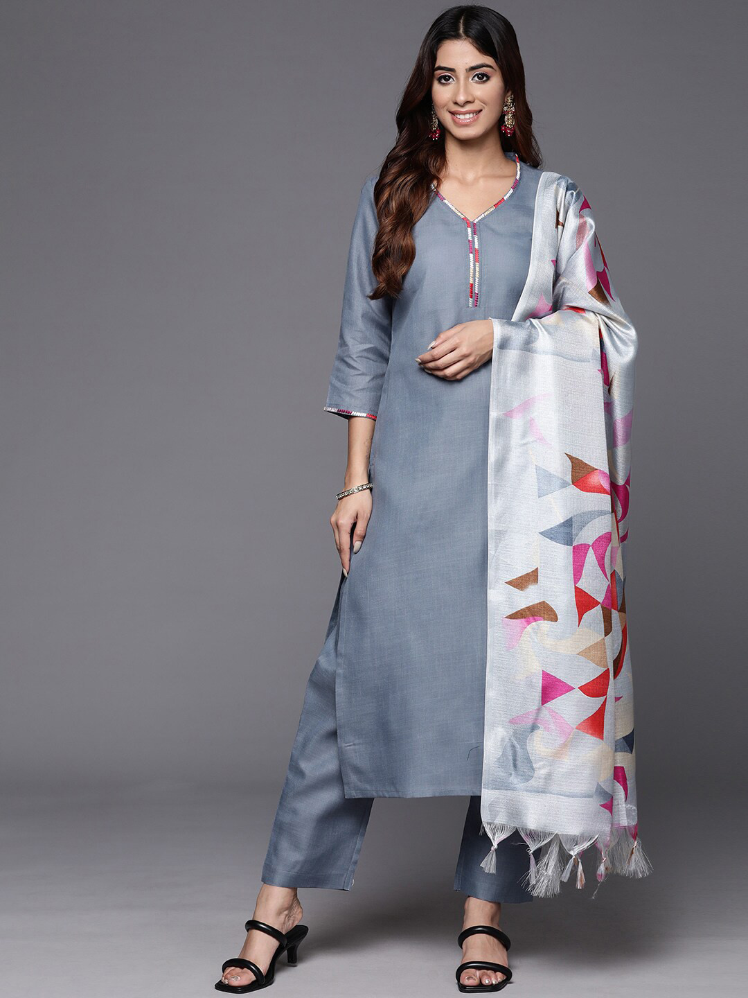 Varanga Straight Thread Work Kurta with Trousers & Dupatta
