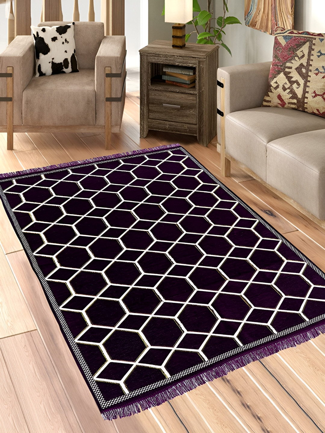 Sparrow world Wine & White Geometric Printed Rectangular Carpet