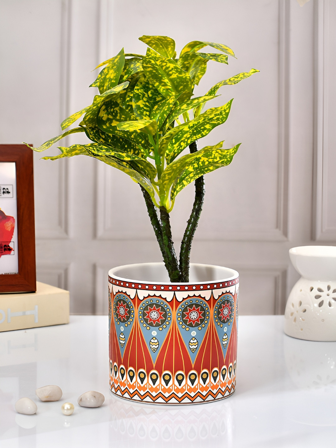 TAYHAA Red & White Vibrant Multi-Patterned Ceramic Round-Shaped Indoor Planter