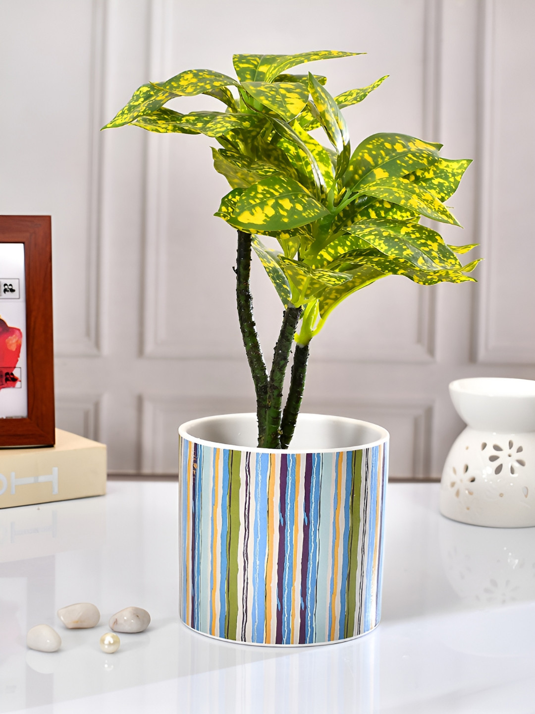 TAYHAA Blue & Cream-Coloured Thick-Striped Ceramic Round-Shaped Indoor Planter