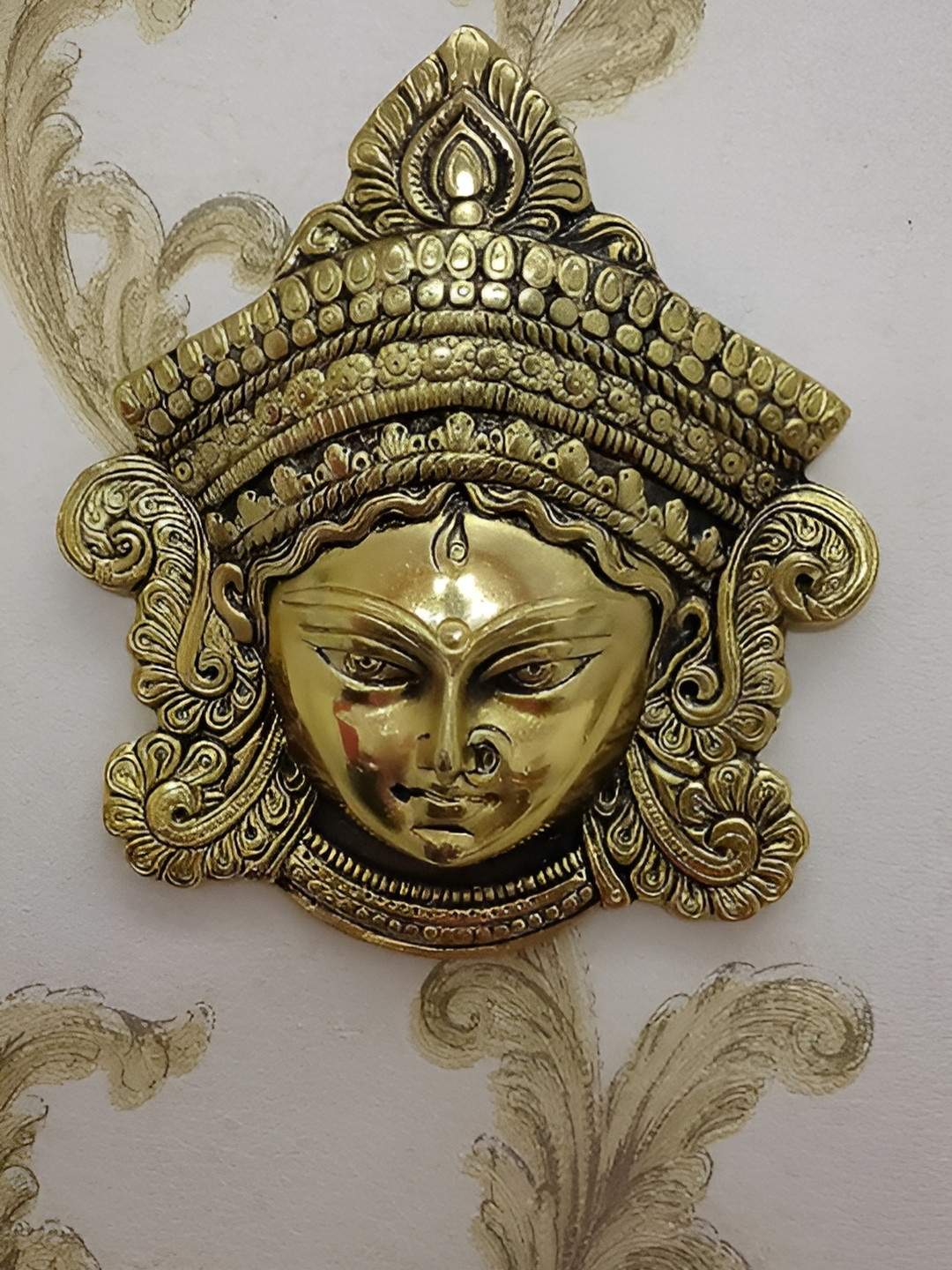 RSN Godess Durga Metal Ethnic Motifs Glossy Hanging Hall Spiritual Wall Decor-6.5In