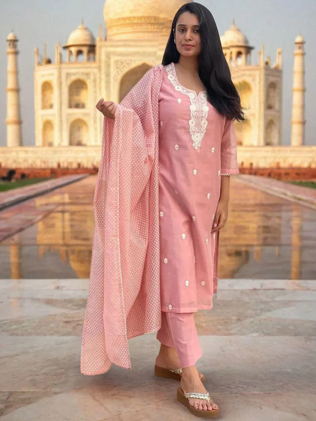 GoSriKi Floral Embroidered Kurta With Trousers & Dupatta