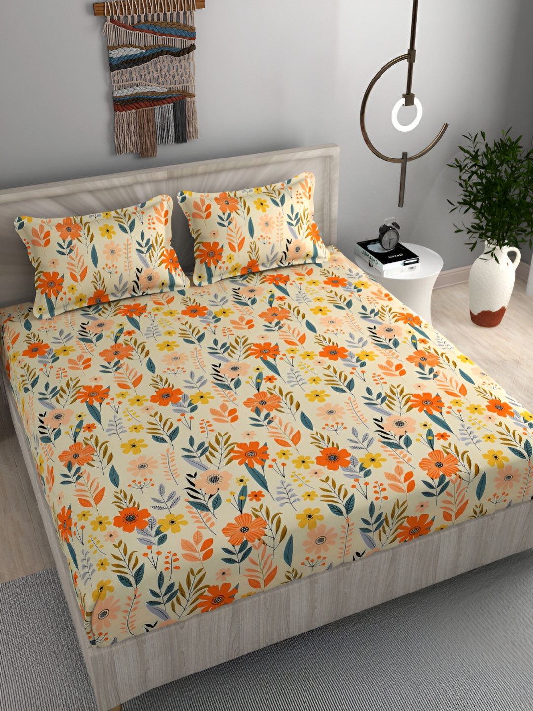 FINE TEX WORLD Passion Fur Orange Floral Microfiber 210 TC Fitted King Fine Bedsheet with 2 Pillow Covers-198 x 182 x 20.32 cm