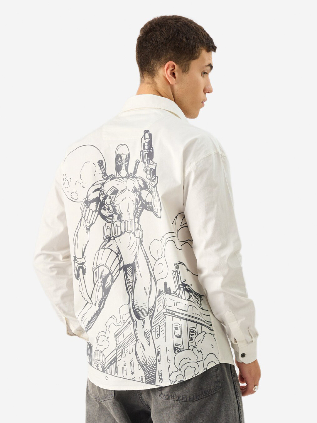 The Souled Store Official Men Deadpool: Logo White Regular Fit Utility Shirt