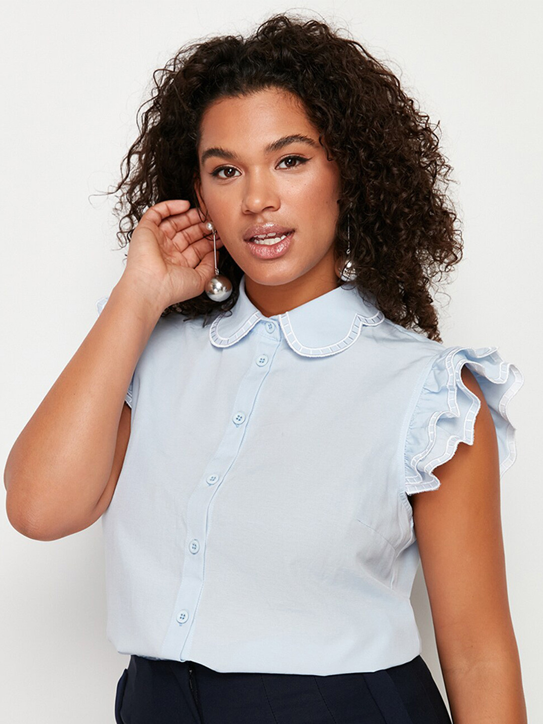 Trendyol Flutter Sleeves Cotton Opaque Plus Size Shirt