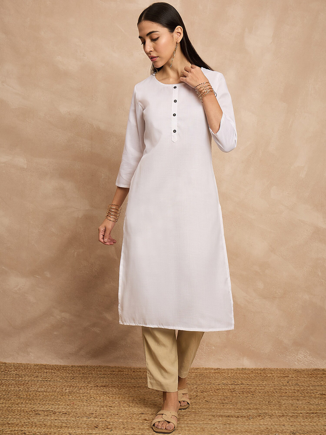 all about you White Round Neck Three-Quarter Sleeves Straight Kurta