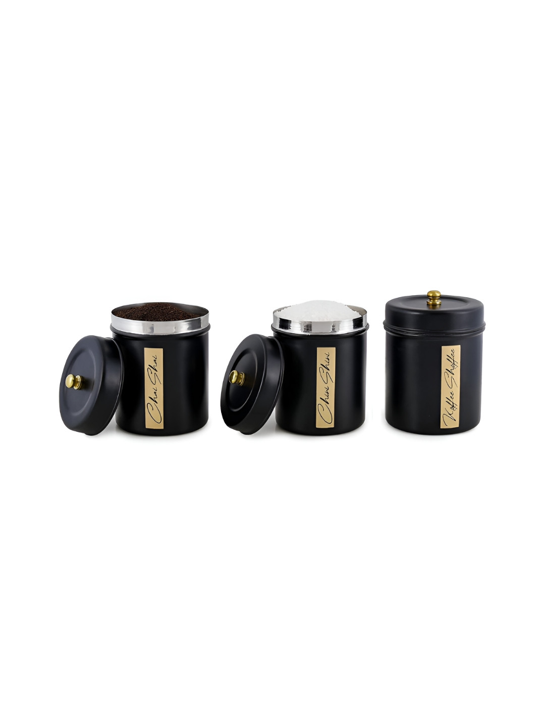 Living With Elan Stainless Steel Black 3 Piece Chai Cheeni Sheeni Canister 800 ml Each