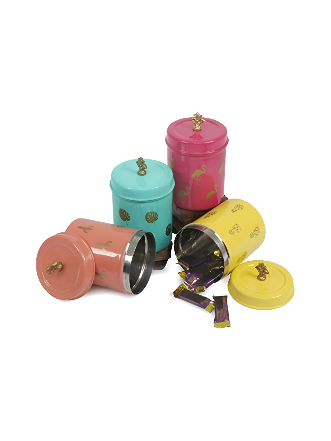 Living with Elan Green Typography Stainless Steel Easy To Clean 4 Piece Clip-On Canister-650ml