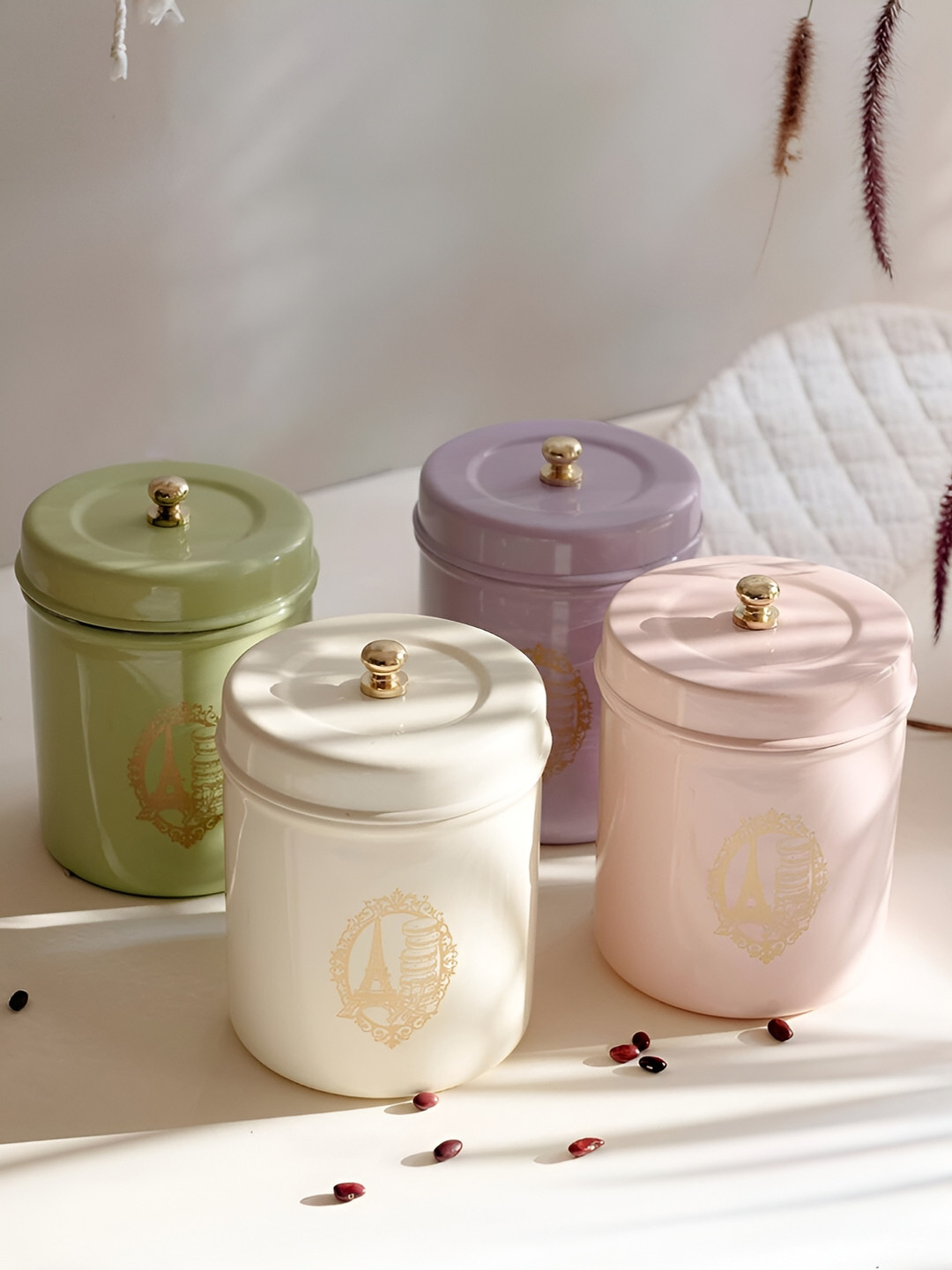 Living with Elan Paris Green Typography Stainless Steel Easy To Clean 4 Piece Clip-On Canister-650ml