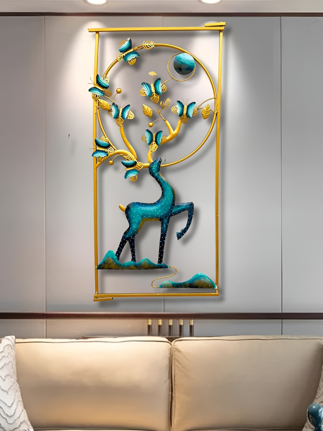 PRANJALS HOUSE 3D Handmade Deer And Butterfly Metal Glossy Hall Wall Hangings-21.7In