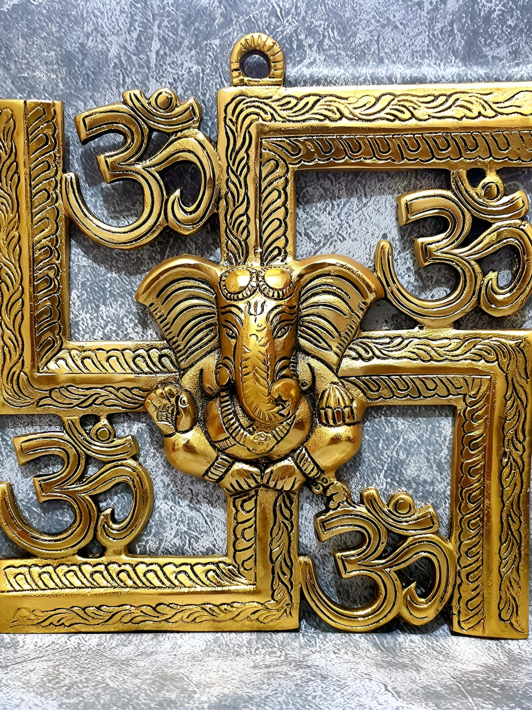 PRANJALS HOUSE Lord Ganesha on Om Swastik Metal Antique Spiritual Wall Decor-8.5In
