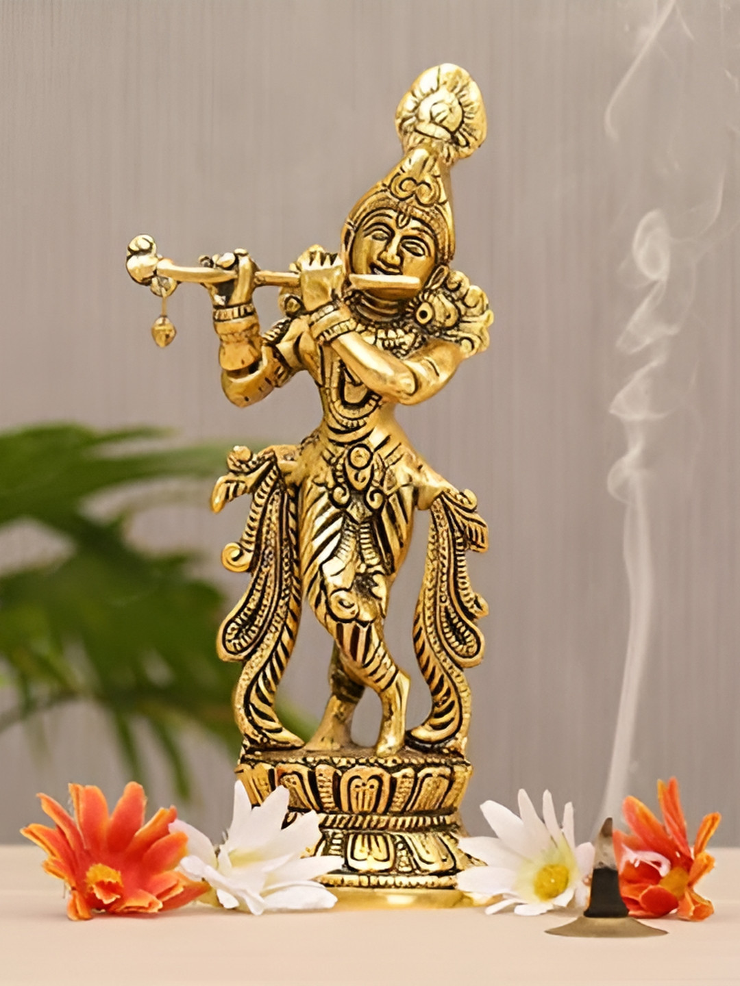 PRANJALS HOUSE Lord Krishna Gold Metal Metallic Prayer Room Small Showpiece - 8.7 Inches
