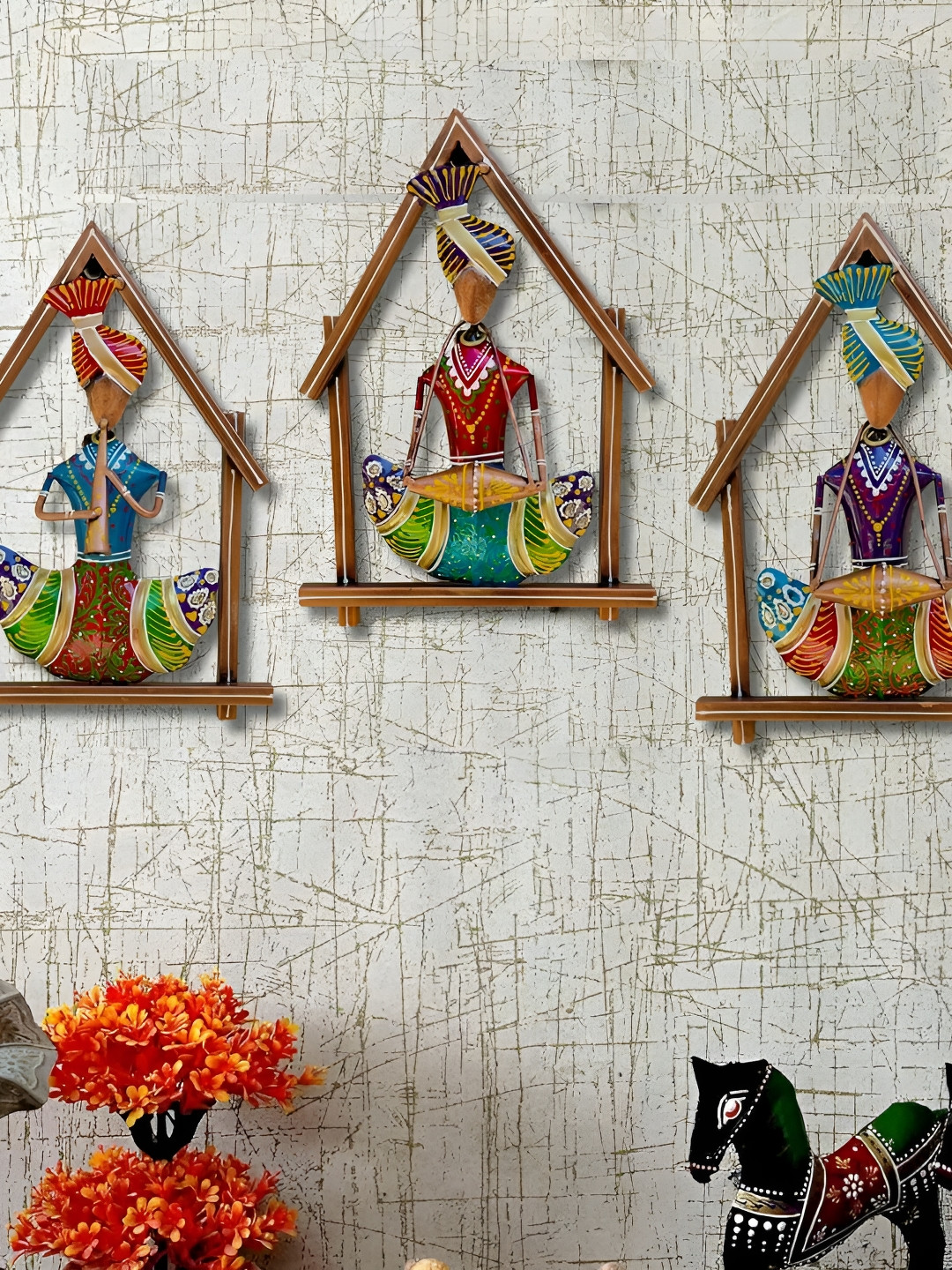 PRANJALS HOUSE 3 Rajasthani Hut Musicians Metal Antique 3Pcs Wall Hangings-10.6In