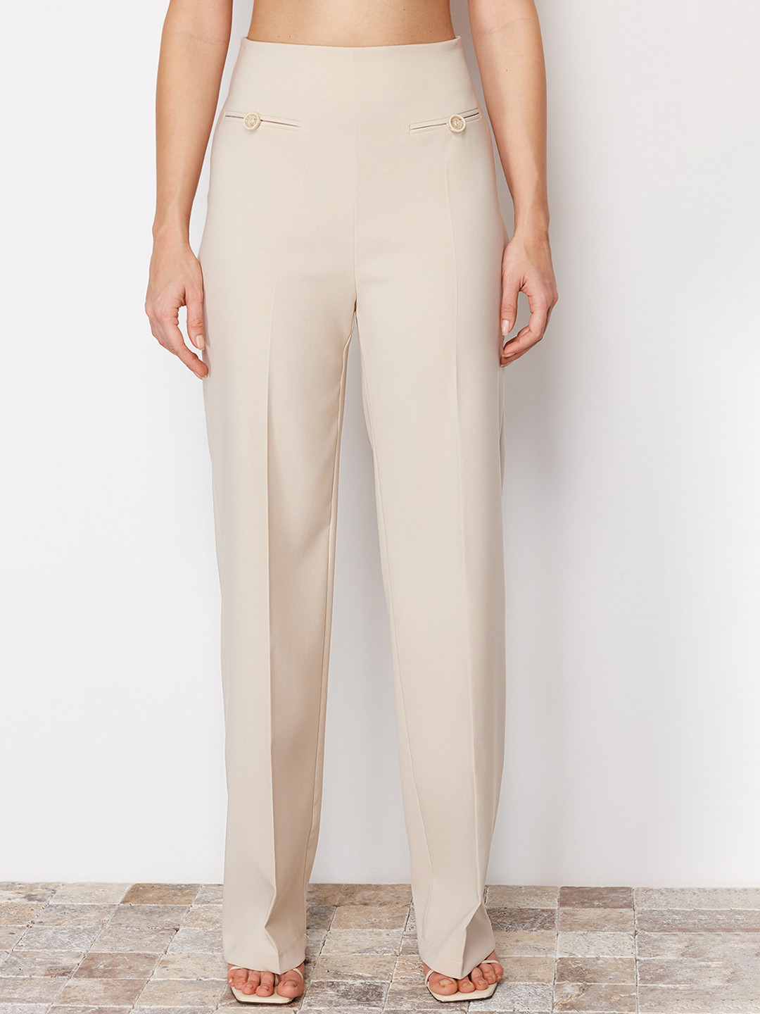 Trendyol Ekru Women Mid-Rise Trousers