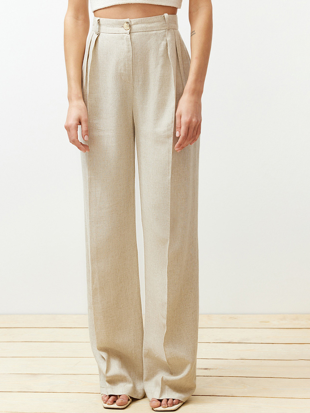Trendyol Women Cotton Linen High-Rise Pleated Trousers