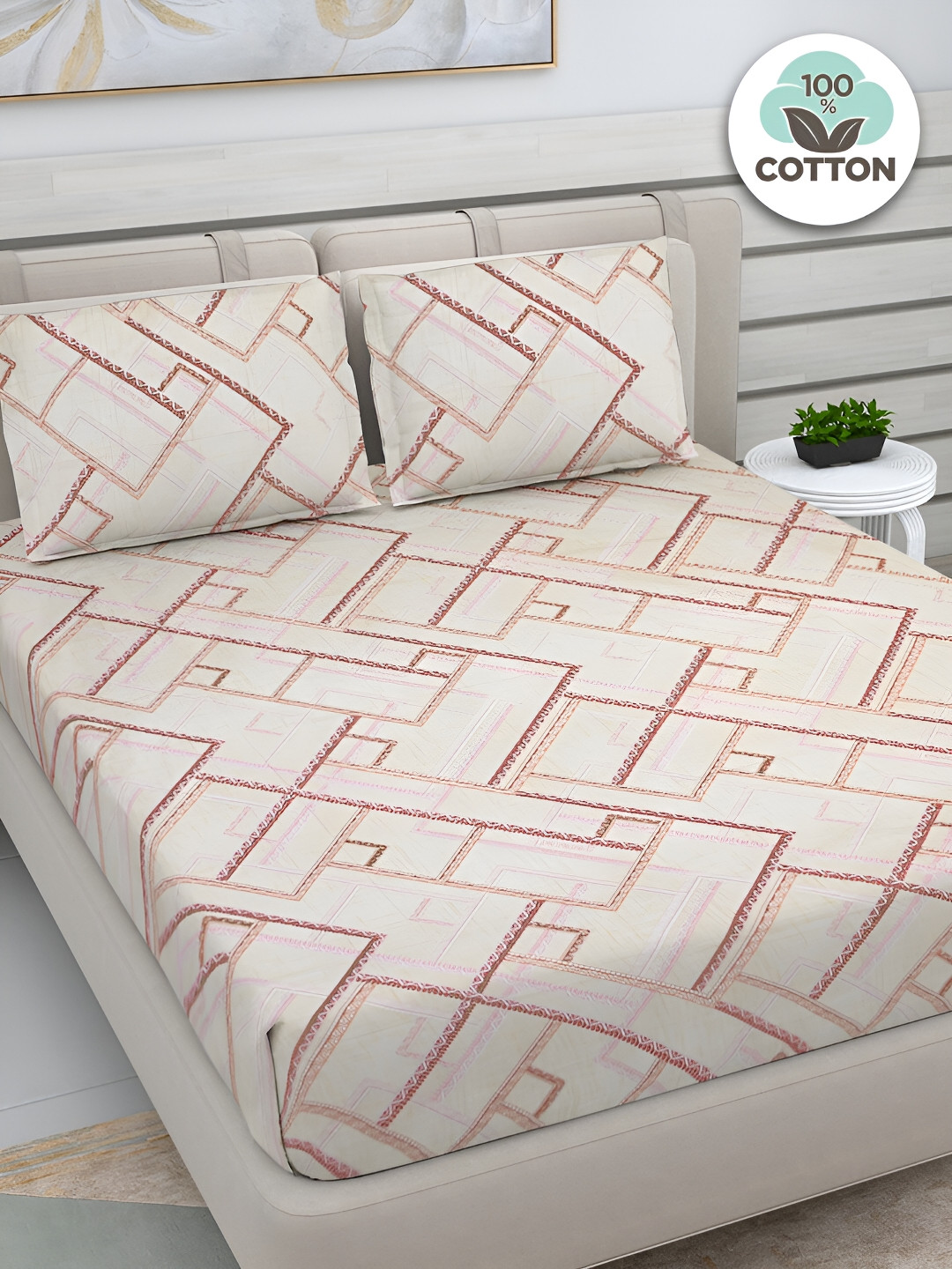 FABINALIV Gayatri Mosaic Off White Abstract Pure Cotton 300 TC King Superfine Bedsheet with 2 Pillow Covers-98 x 89 inches