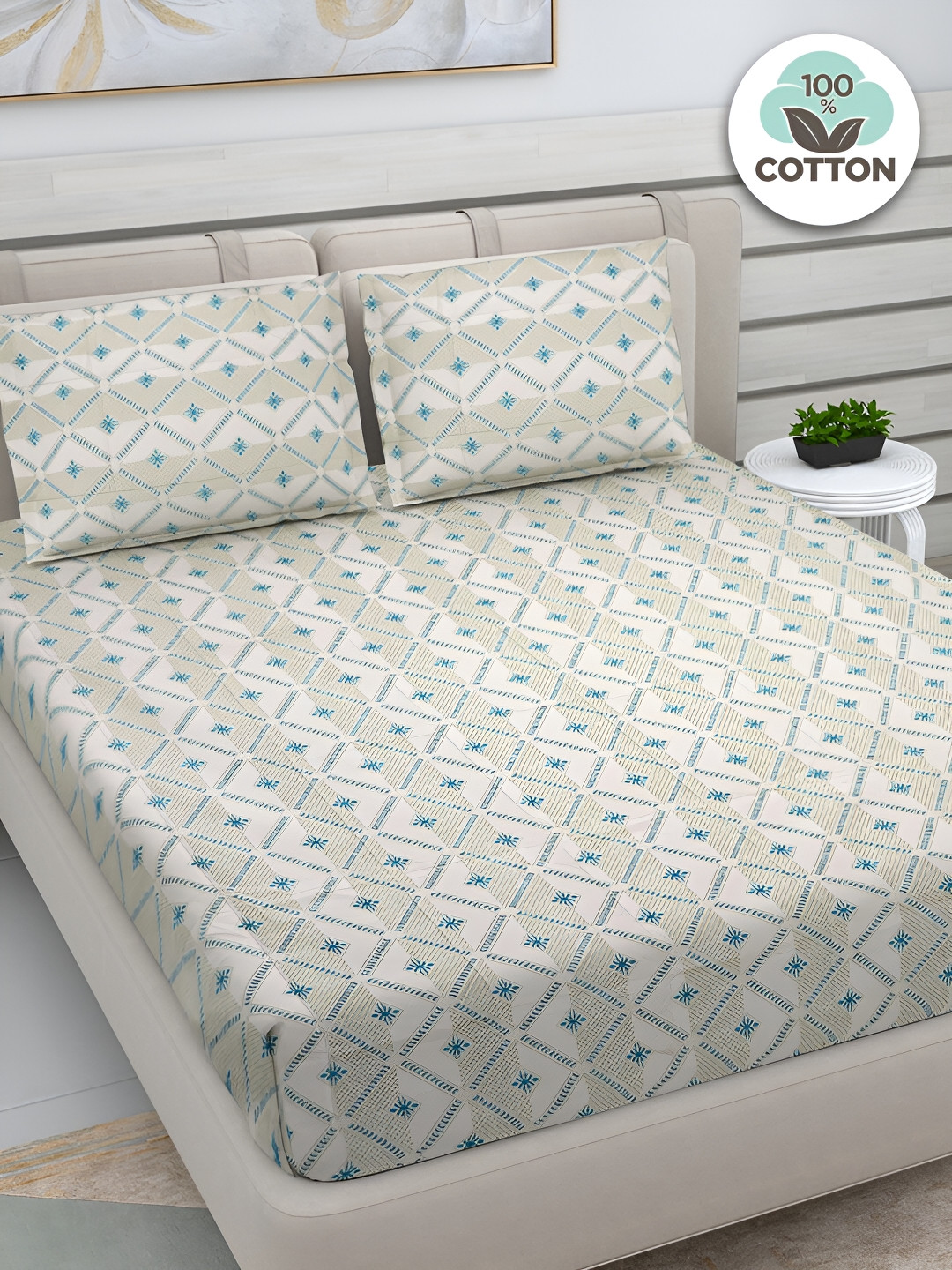 FABINALIV Cradle Off White Geometric Pure Cotton 300 TC King Superfine Bedsheet with 2 Pillow Covers-250 x 225 cm