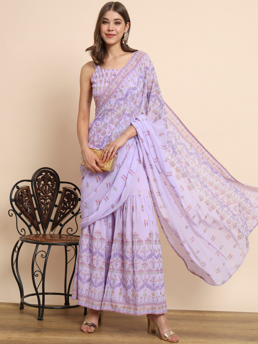 THE FAB FACTORY Floral Printed Ready to Wear Palazzo Saree