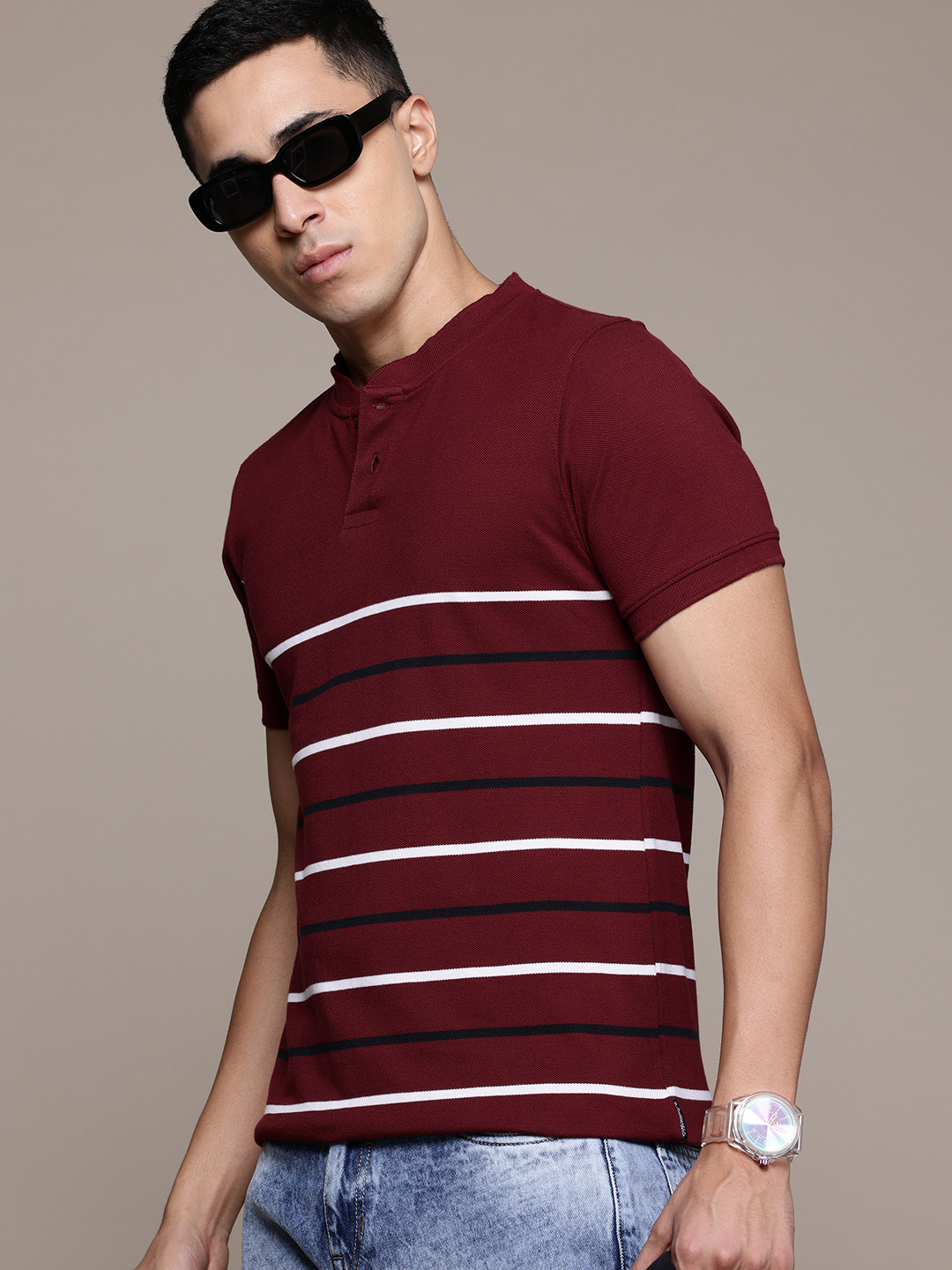 The Roadster Lifestyle Co. Striped Mandarin Collar T-shirt