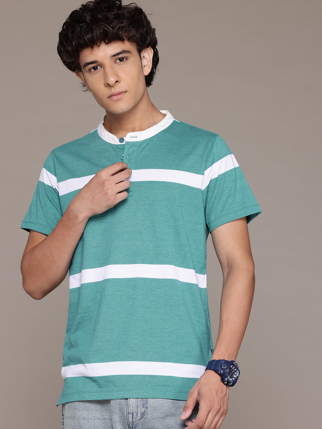 The Roadster Lifestyle Co. Striped Band Collar T-shirt