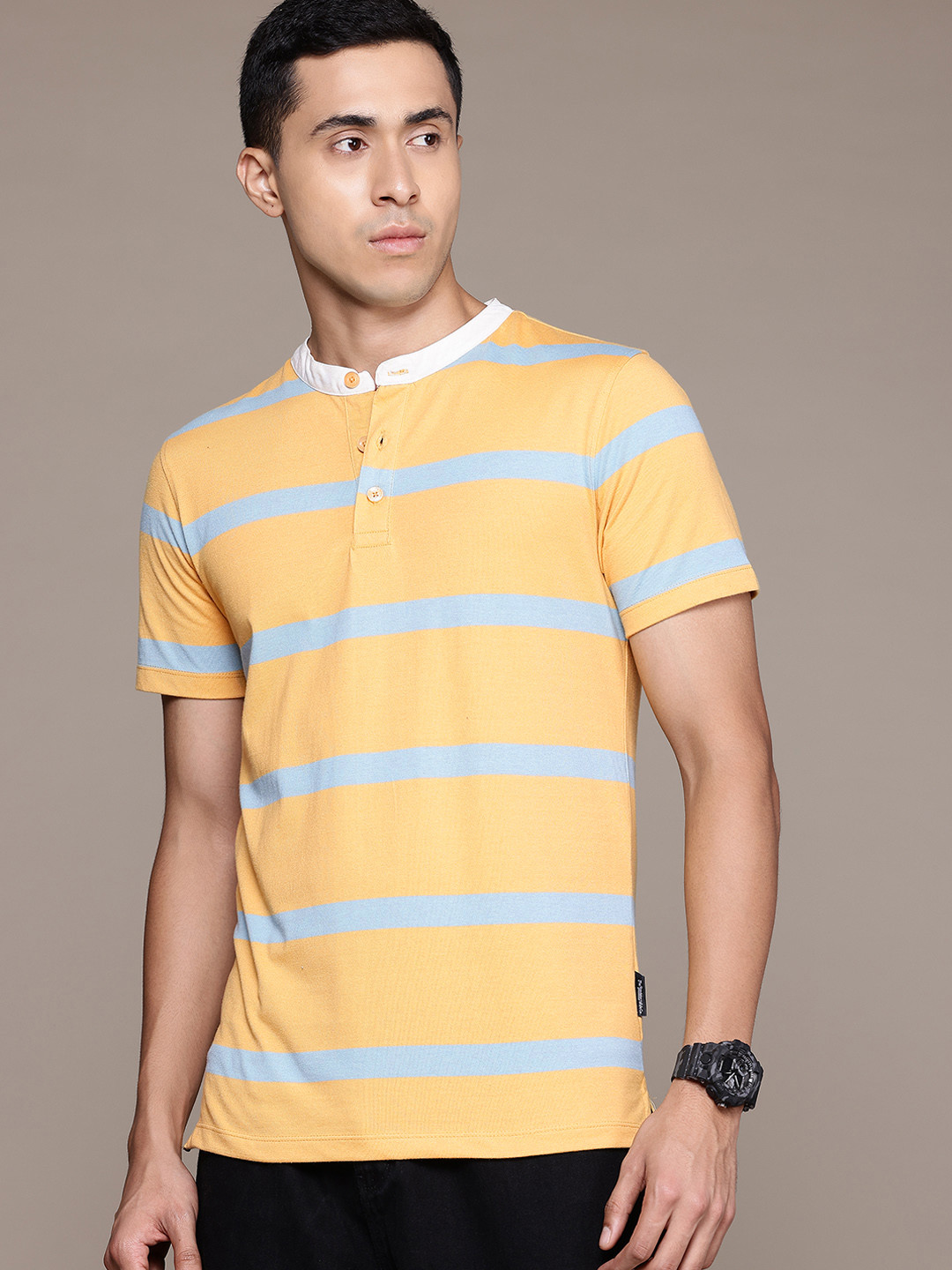 The Roadster Lifestyle Co. Striped Band Collar T-shirt