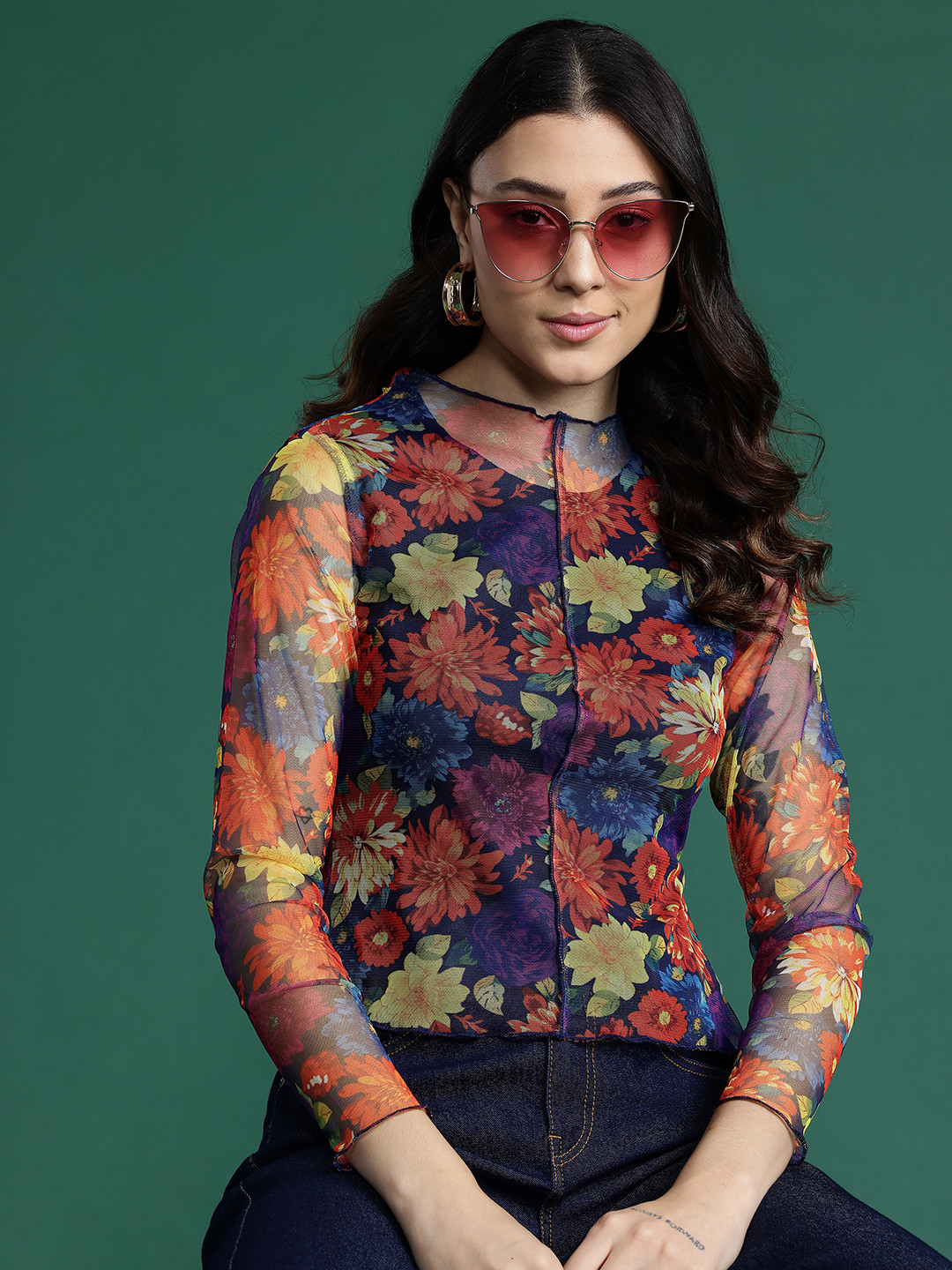 DressBerry Floral Print Mesh Top