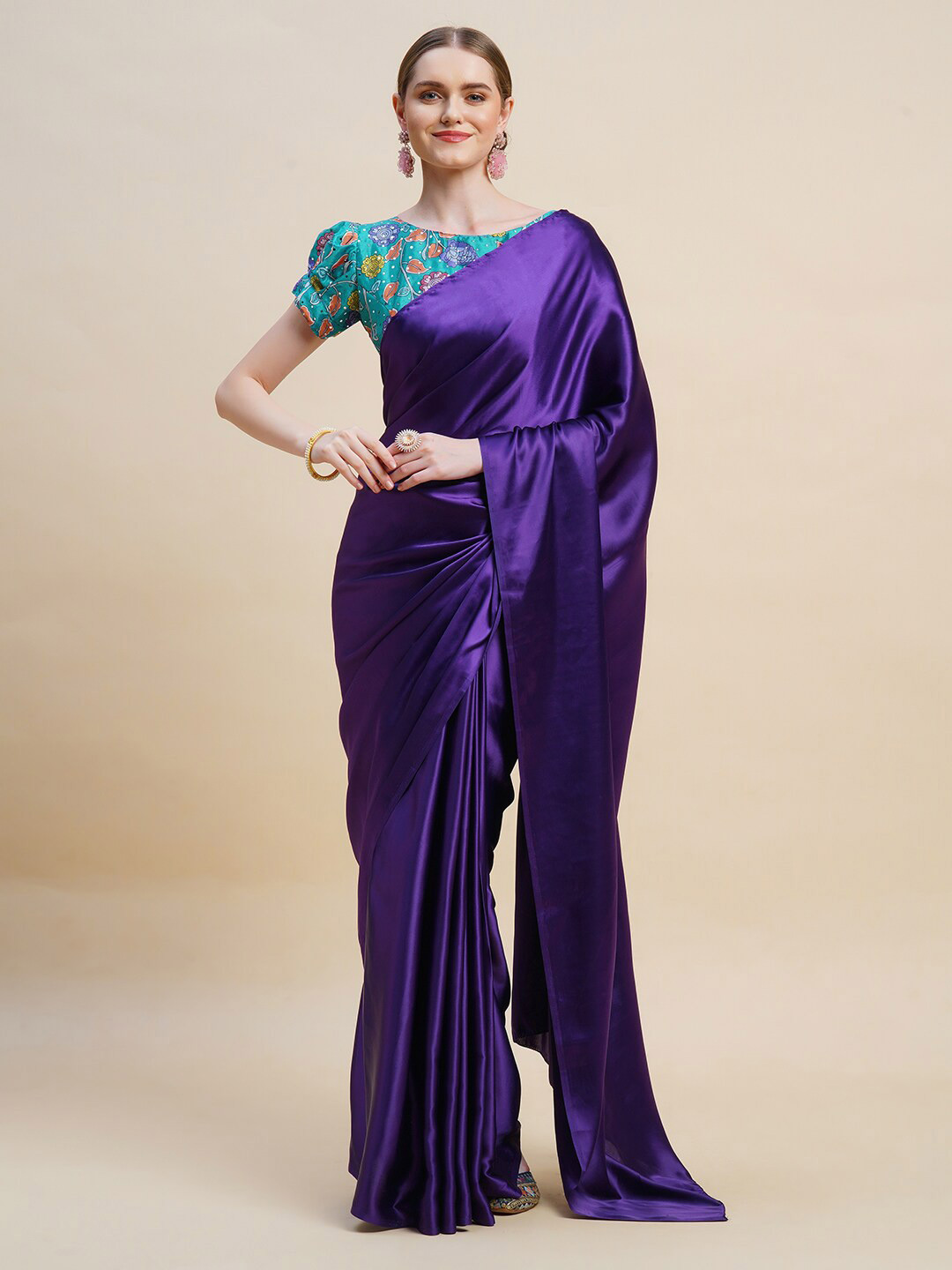 BAPS Satin Saree With Kalamkari Printed Blouse