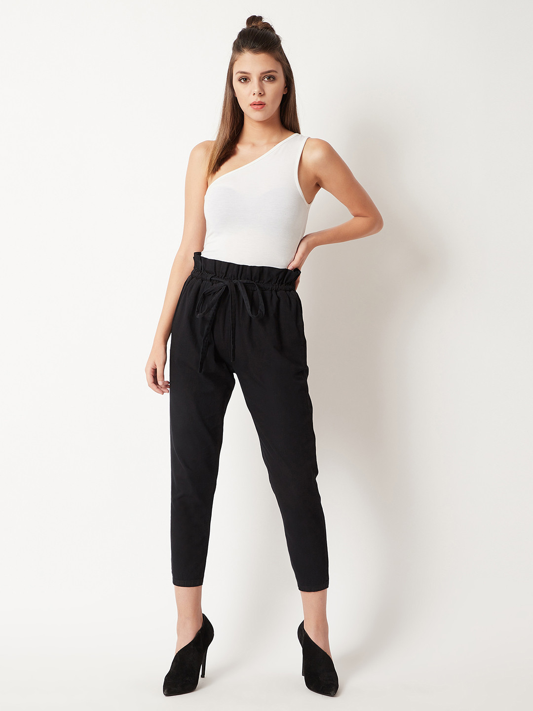 Chemistry Black Pleated Front High Rise Ankle length Stretchable Denim Paper Bag Pants