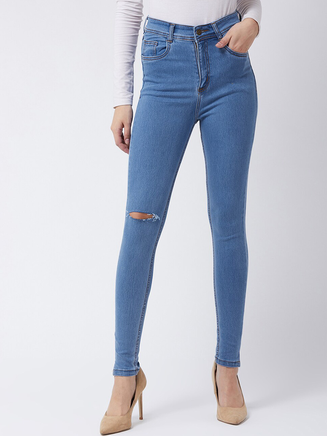 Chemistry Women's Blue Skinny High-Rise Distressed Regular Denim Jeans