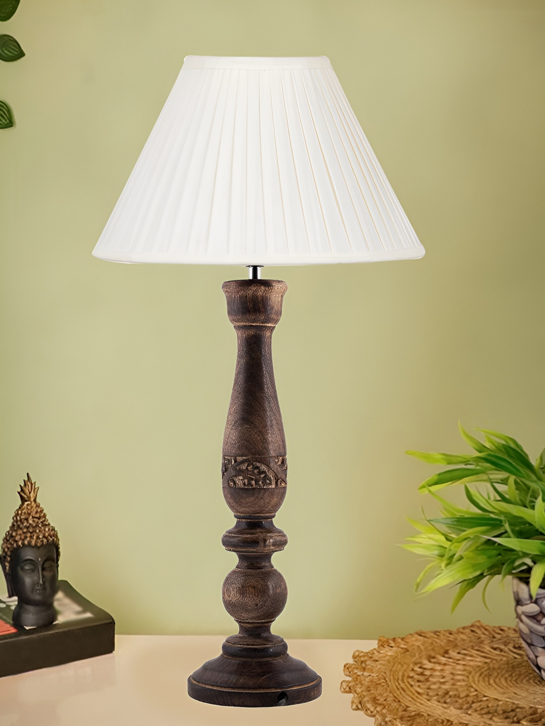 Devansh Off White & Brown Textured Shade Traditional Frustum Shaped Wooden Lamp