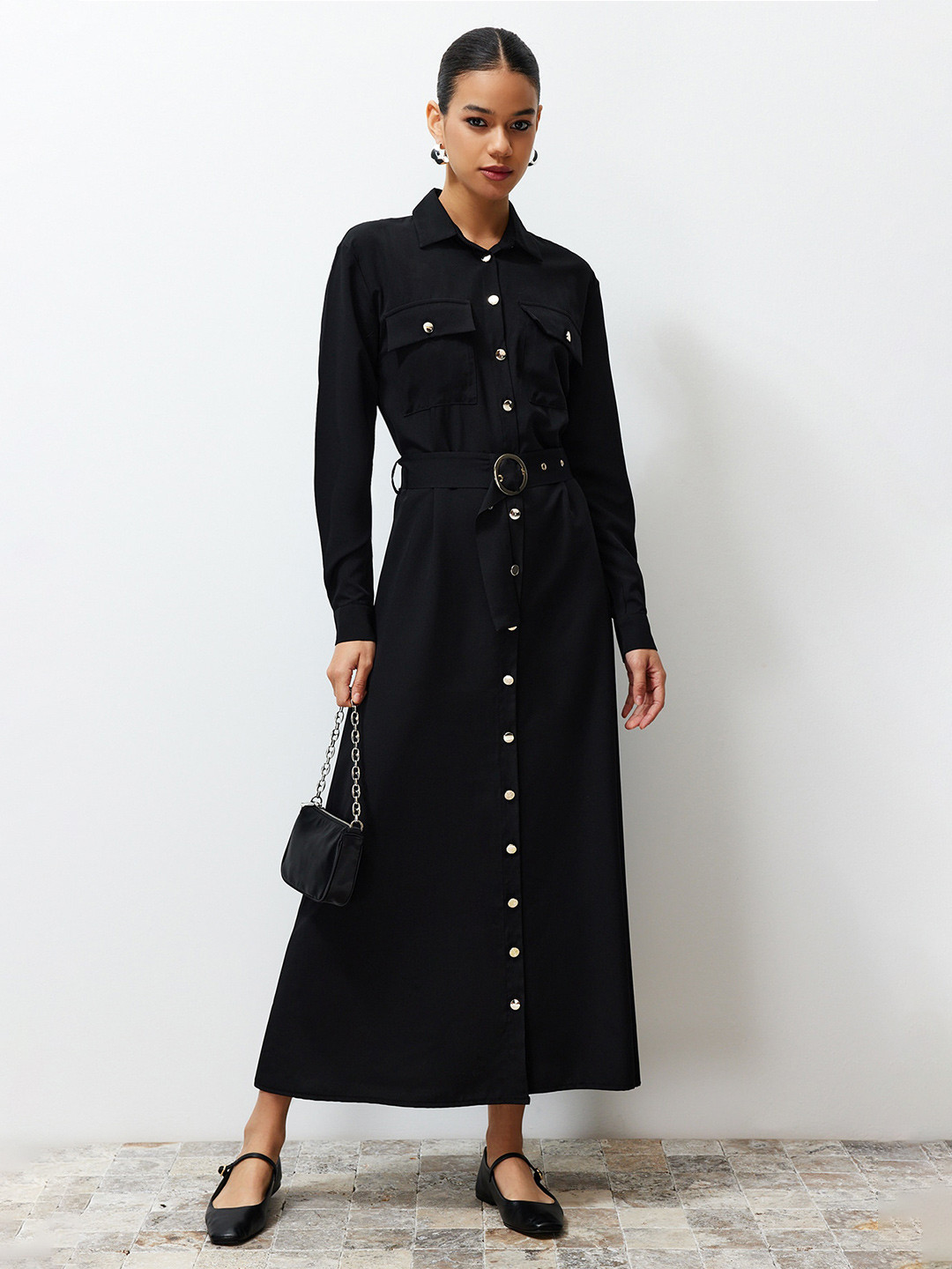 Trendyol Shirt Collar Long Sleeves Shirt Maxi Dress