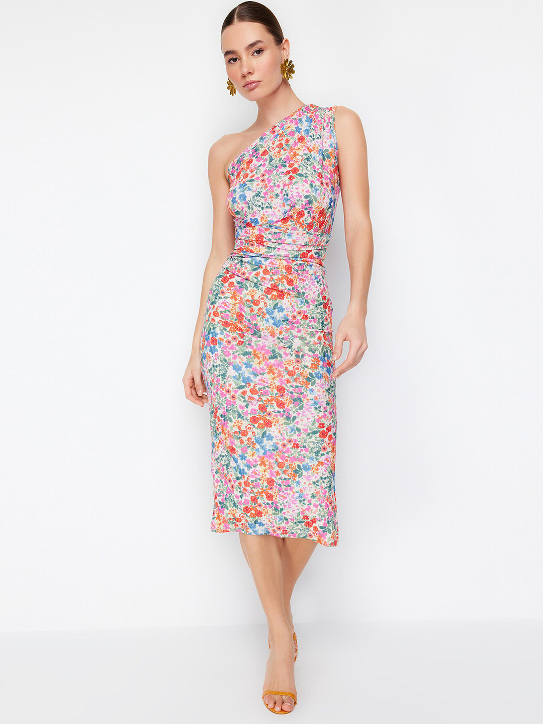 Trendyol Floral Print One Shoulder A-Line Midi Dress