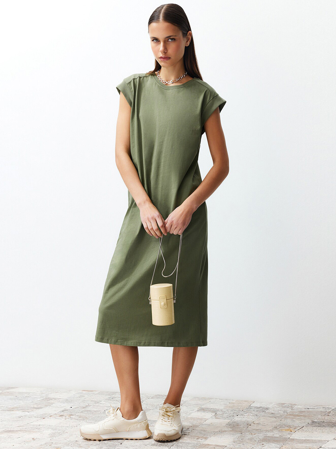 Trendyol Pure Cotton Cap Sleeves A-Line Midi Dress