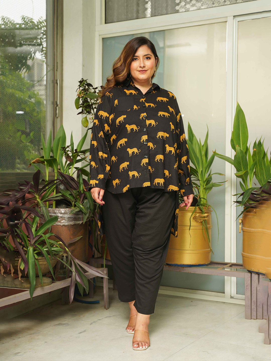 NANGALIA RUCHIRA Plus size Cheetah Printed India Slim Cotton Casual Shirt