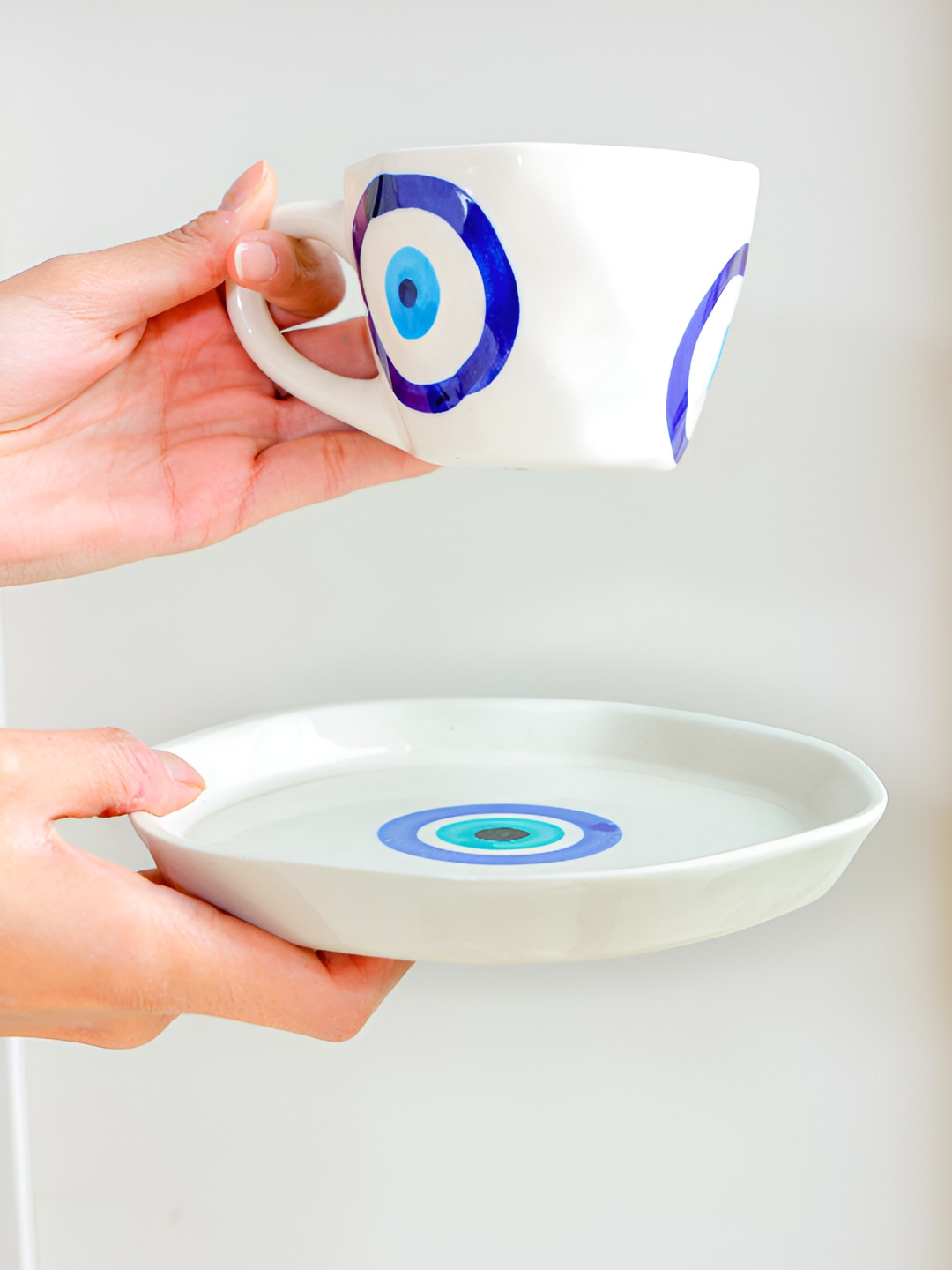 ArteCasa White & Navy Blue Printed Ceramic Glossy Good Vibes Brew Cup & Saucer 200 ml