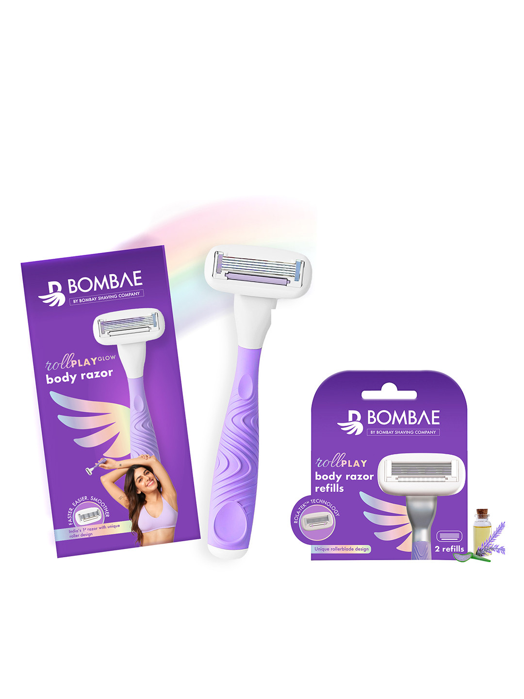 BOMBAE Women Rollplay Glow Body Razor with Refill Combo - 1 Body Razor & 3 Razor Refill