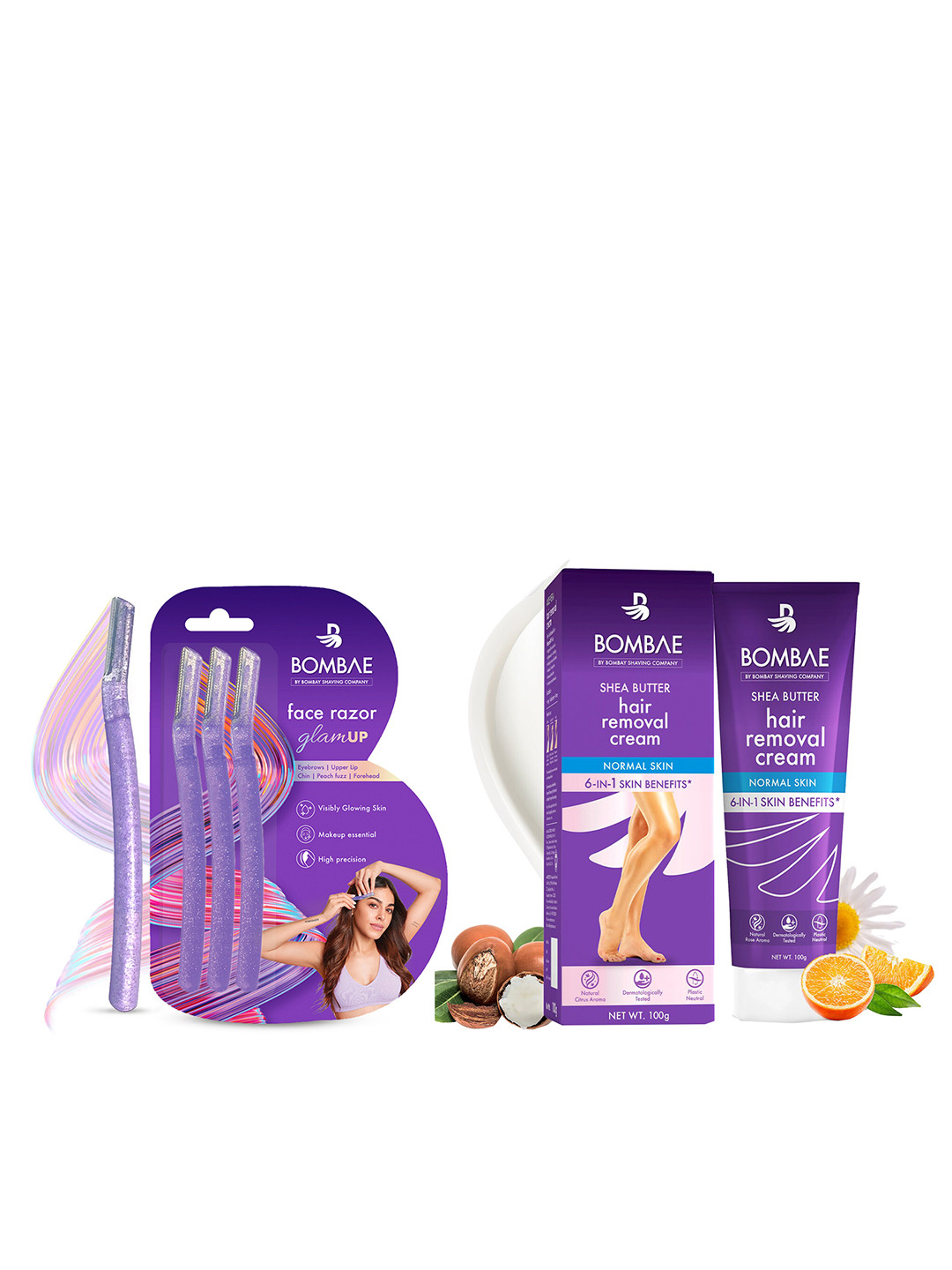 BOMBAE Women Glamup Face & Eyebrow Glitter Razor & Shea Butter Hair Removal Cream