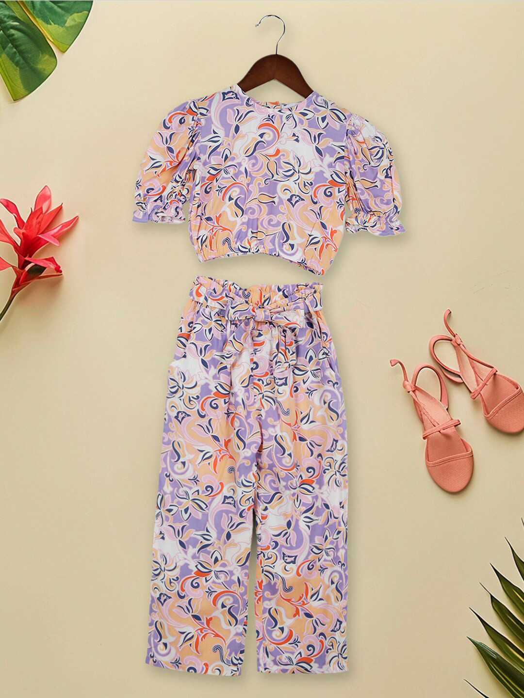 INCLUD Girls Printed Round Neck Short Sleeve Top With Straight Pants