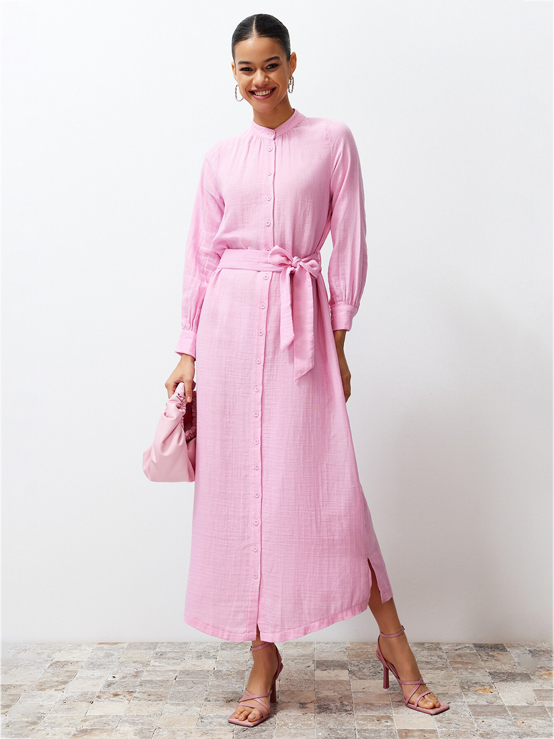 Trendyol Band Collar Pure Cotton Shirt Maxi Dress