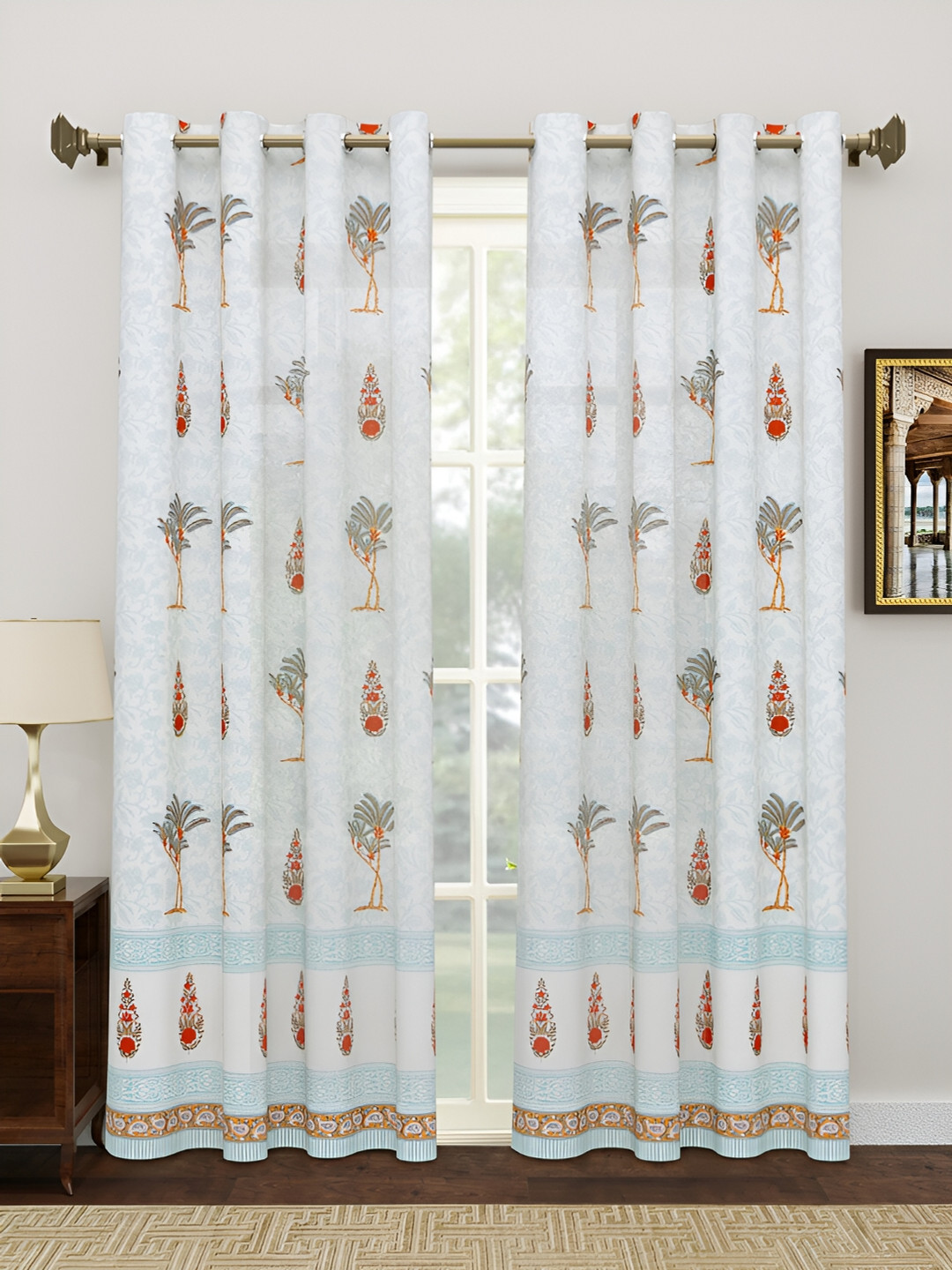 Sangria Grey & Blue Floral Block Printed Cotton Sheer Door Curtain