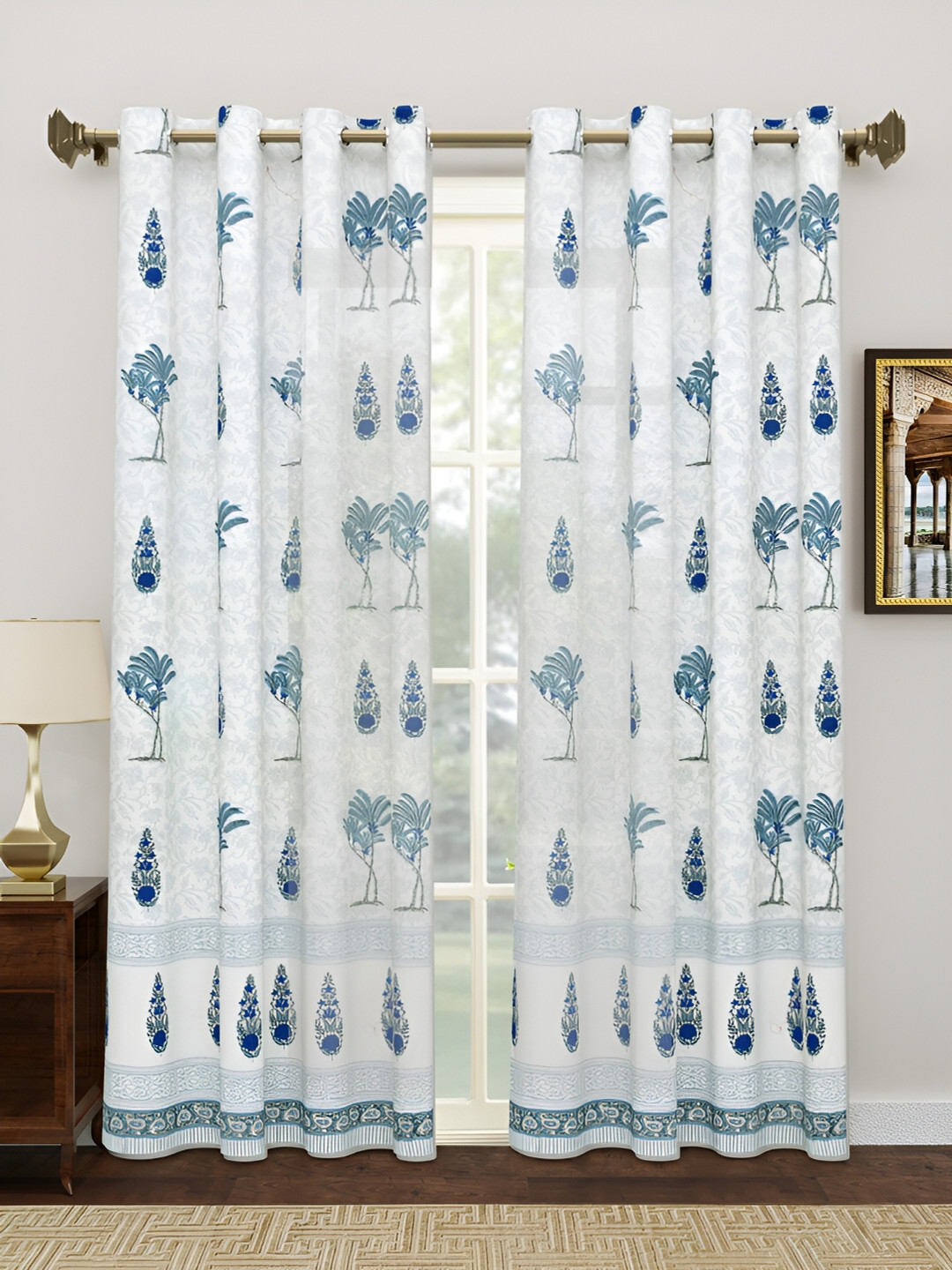 Sangria Grey & Blue Block Printed Cotton Sheer Door Curtains