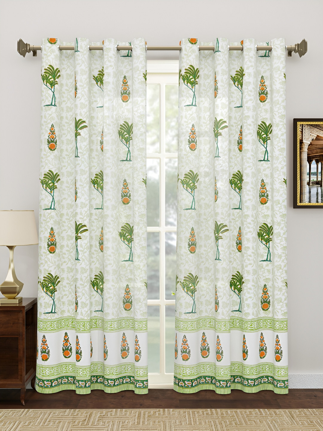 Sangria Green & White Block Printed Cotton Semi-Sheer Door Curtains